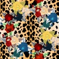 Animal flower seamless pattern in . Leopard skin and flowers background.