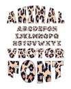 Animal font for posters. Mammals Fur. Leopard Jaguar. Retro alphabet. Vintage print skins typeface, editable and layered