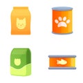 Animal food icons set cartoon vector. Packaged food for dog cat and fish Royalty Free Stock Photo