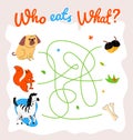 Animal food labyrinth learning game vector template