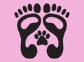 Animal footprint between two human footprints, human and animal bond concept Royalty Free Stock Photo