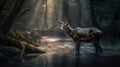 A deer stands in a forest with the sun shining on it