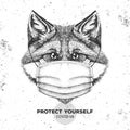 Animal fox wearing face medical mask. Covid-19 protection methods. Coronavirus Quarantine Warning.