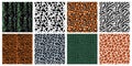 Animal fur and skins seamless patterns. Natural prints. Mammals or reptiles exotic colors. Leather with spots and Royalty Free Stock Photo