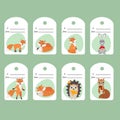 Animal gift tags. Set of 8 decorative cartoon invitations. Collection of holiday cards.