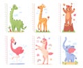 Animal growth rulers. Baby kid height measure short or tall meter kindergarten wall, funny animals centimeter size ruler