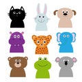 Animal head face body set. Cat, rabbit, hare, jaguar, dog, hippopotamus elephant bear frog koala. Cute cartoon character. Babykids