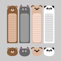 Animal head set. Cartoon kawaii baby bear, cat, dog, panda. Bookmark paper sticker collection. Notepad template. Flat design. Gray Royalty Free Stock Photo