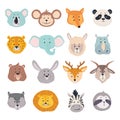 Animal heads. Cartoon faces of koala, monkey and fox, zebra. Cute panda, deer and lion, deer and rabbit, jaguar vector