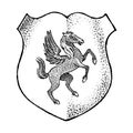 Animal for Heraldry in vintage style. Engraved coat of arms with Pegasus, mythical creature. Medieval Emblems and the Royalty Free Stock Photo