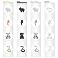 Animal hippopotamus, bamboo bear koala, parrot, poisonous snake. Animals set collection icons in cartoon black