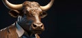Animal horned bull in a suit and tie of a gentleman and a boss. AI generated. Header banner mockup with space.