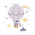 Animal on hot air balloon. Animals fly in sky, cute cartoon childish print design. Funny adorable baby design, travel Royalty Free Stock Photo