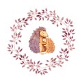 Animal hugs - mother hedgehog embrace her child. Watercolour in floral wreath