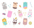 Animal ice cream on stick, eskimo cute animals collection. Sweet lollipops, children summer dairy and fruits dessert