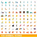 100 animal icons set, cartoon style