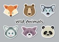Set of vector cartoon stickers of animal faces in colored circles Royalty Free Stock Photo