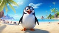 animal illustration of a cute funny penguin on a beach