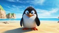 animal illustration of a cute funny penguin on a beach