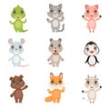 Animal kids collection. Wild crocodile bear penguin fox domestic little cute funny baby animals dog cat goat pig