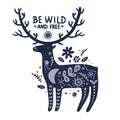 Animal with lettering. Deer silhouette with flowers and stars. Trendy Scandi reindeer. Forest wildlife. Inspiration text