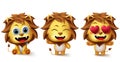 Animal lions character vector set. Animals lion kids characters in cute facial expressions like hungry, in love and happy.