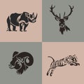 Animal logo collection. Deer, ram, tiger, rhino vector emblem. Set wild animals