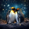 Animal love. King penguin couple cuddling wild nature green background. Two penguins making love. in the grass