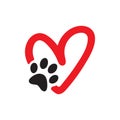 Animal love symbol paw print with heart, isolated vector