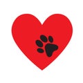 Animal love symbol paw print with heart, isolated vector Royalty Free Stock Photo