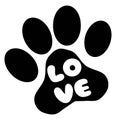 Animal love symbol paw print with heart, isolated vector. Love with pet footprint. Funny vector. Good for posters