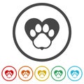Animal love symbol paw print with heart ring icon, color set Royalty Free Stock Photo