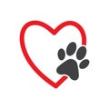 Animal love symbol, pet paw print with hand drawn heart, isolated vector Royalty Free Stock Photo