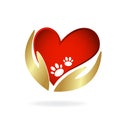 Animal lovers gold hands and love heart with paws logo image vector template Royalty Free Stock Photo