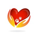 Animal lovers hands love heart and paws design emblem logo image vector template Royalty Free Stock Photo