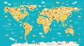 Animal map for kid. World vector poster for children, cute illustrated