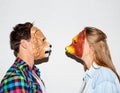 Animal mask, funny and a couple on a white background for fun, bonding or comedy. Party, character and a man and woman