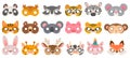 Animal mask. Photo booth props, panda bear and zebra, tiger and pig, koala and cow, unicorn and monkey, owl carnival zoo Royalty Free Stock Photo