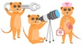 Animal Meerkats Watching The Stars Through A Telescope, Doctor With First Aid Kit, Turn The Nut With A Wrench Vector Royalty Free Stock Photo