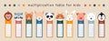 Animal multiplication table for kids. Childish funny cartoon stickers children class education, printable bookmarks