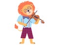 Animal music. Happy animals celebrate in joyful music festival, creating magical atmosphere. Lion plays the violin