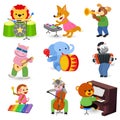 Animal music vector animalistic character musician lion or dog playing on musical instruments guitar and piano