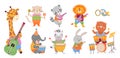 Animal musician party. Wild animals play musical instruments. Cute celebration or festival, cartoon kids characters