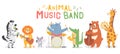 Animal musicians characters. Funny animals play musical instruments, musicians with guitar, sax and maracas, violin kids