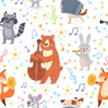 Animal musicians seamless pattern. Funny animals musicians play different musical instruments wallpaper, wrapping or