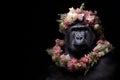 gorilla wearing a crown of floral fresh pastel spring wreath flowers