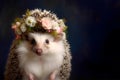 hedgehog wearing a crown of floral fresh pastel spring wreath flowers