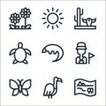 animal and nature line icons. linear set. quality vector line set such as park, vulture, butterfly, tour guide, pangolin, turtle,