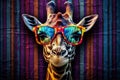 animal neck mammal sunglasses giraffe africa wildlife zoo colorful portrait. Generative AI.