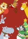 Merry Christmas greeting card with Tiger, rabbit, hippopotamus, giraffe and zebra. Animals of the christmas, frame.